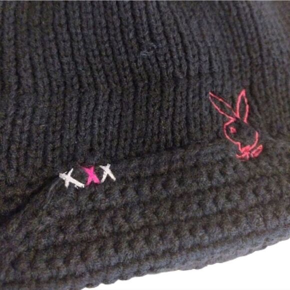 VTG Y2K PLAYBOY Bunny Black Knit Pink Embroidered Beanie Hat RARE - Picture 4 of 12